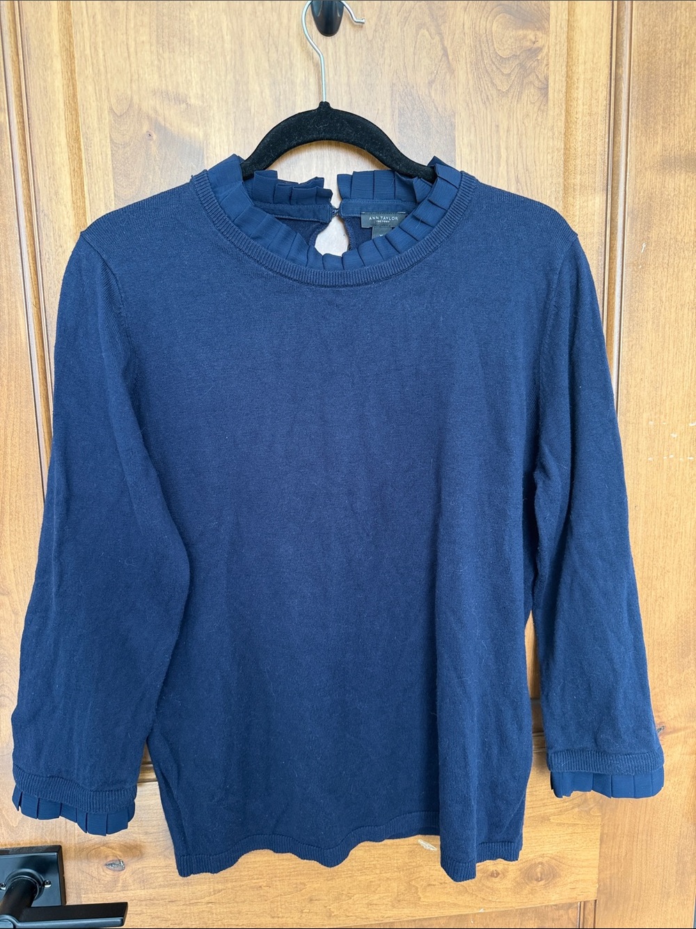 Ann Taylor Navy Ruffle Trim Long Sleeve sweater